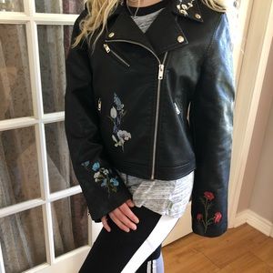 Cropped Leather Floral Embroidered Jacket